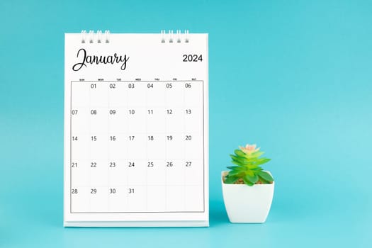 2024 January desk calendar and plant pot on blue color background.