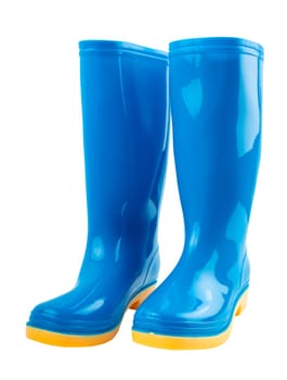 Pair of blue and yellow rubber boots isolated on white background, Saved clipping path.