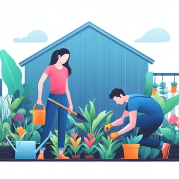 Drawing of man and woman planting in garden, gardening concept