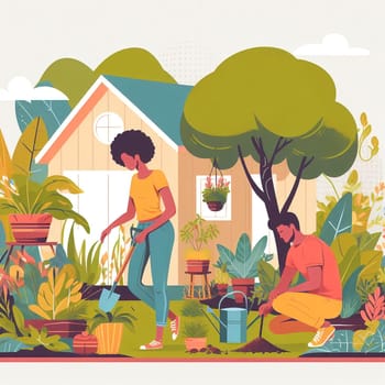 Drawing of man and woman planting in garden, gardening concept