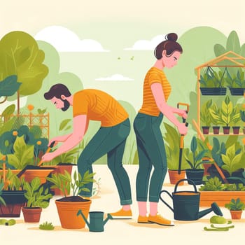 Drawing of man and woman planting in garden, gardening concept