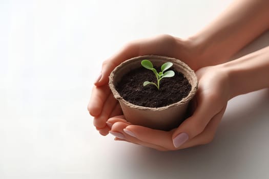 Plant in hands, on white background. The concept of ecology, environmental protection, nature, and care.