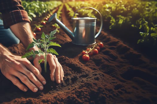 Farmer plants tomatoes in vegetable garden, fresh vegetables and gardening concept