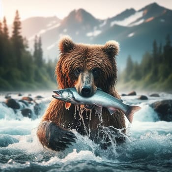 Brown bear catches salmon going to spawn, Generative AI. High quality illustration