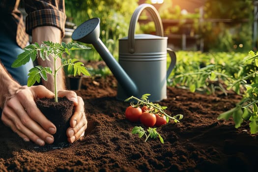 Farmer plants tomatoes in vegetable garden, fresh vegetables and gardening concept