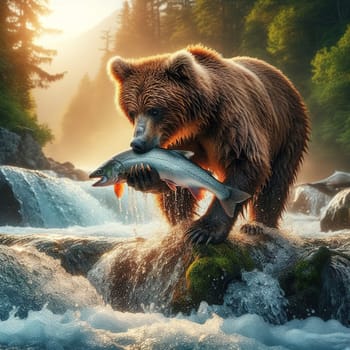 Brown bear catches salmon going to spawn, Generative AI. High quality illustration