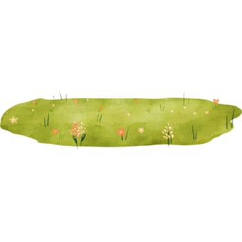 watercolor illustration of a green spring meadow adorned with flowers, for children's designs. making it perfect for various creative projects, including children's books, posters, and playful designs.