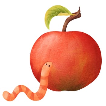 watercolor composition. a worm with an apple. Ideal for children's books, posters, invitations, and other creative projects that aim to evoke a sense of joy and imagination.
