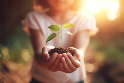 World environment day concept children's hands holding young plant with soil on blurred forests sunset background