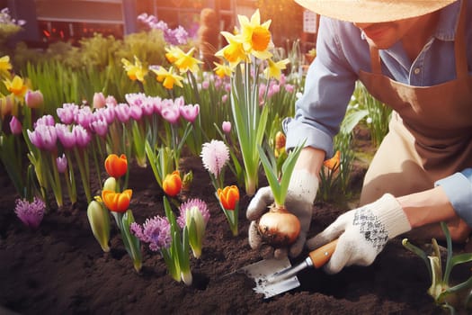 A woman plants flowers in the garden. Gardening concept