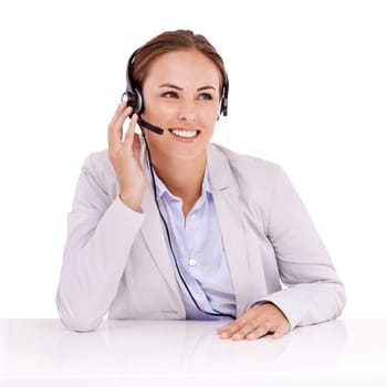 Call center, thinking or happy woman in studio for communication in customer service. White background, virtual assistant or female sales agent listening with microphone to help in tech support.