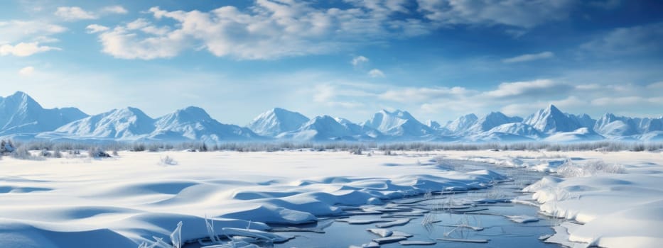 Frozen wasteland snow mountains panorama, Generate with Ai.