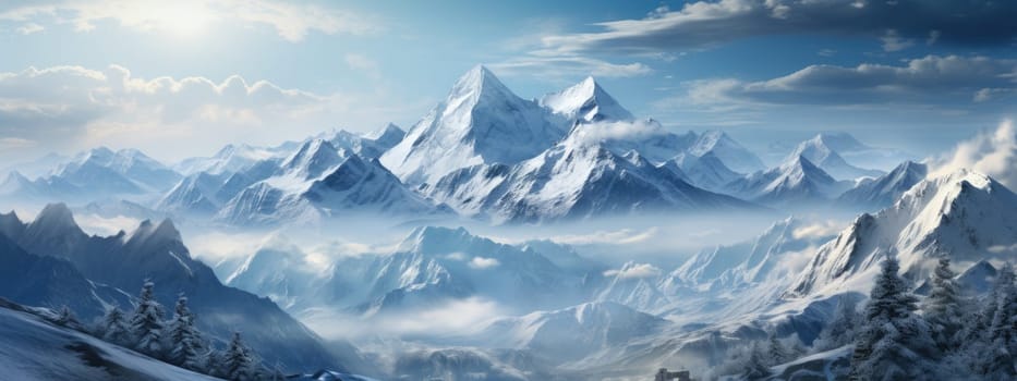 Frozen wasteland snow mountains panorama, Generate with Ai.