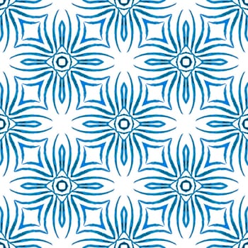 Textile ready sightly print, swimwear fabric, wallpaper, wrapping. Blue remarkable boho chic summer design. Ethnic hand painted pattern. Watercolor summer ethnic border pattern.