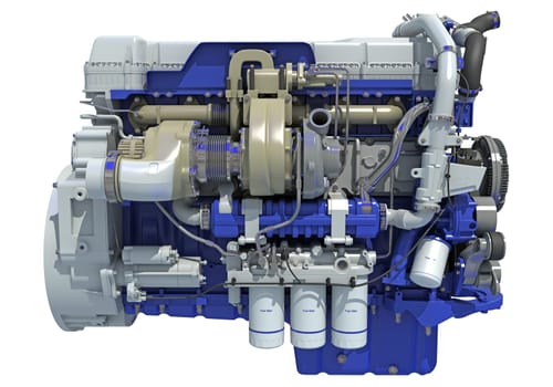 Truck engine 3D rendering model on white background