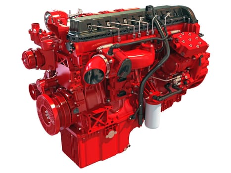 Heavy duty truck engine 3D rendering model on white background