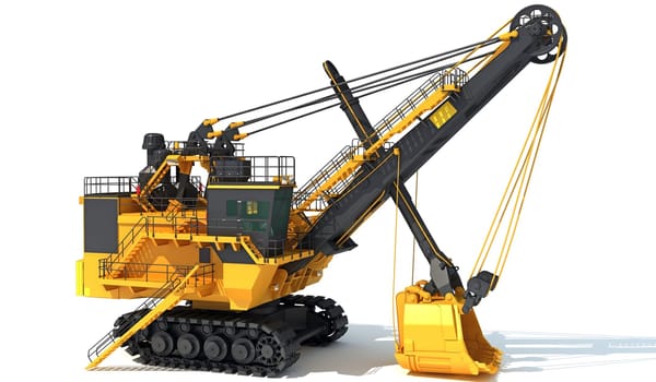 Dragline Excavator heavy machinery 3D rendering on white background