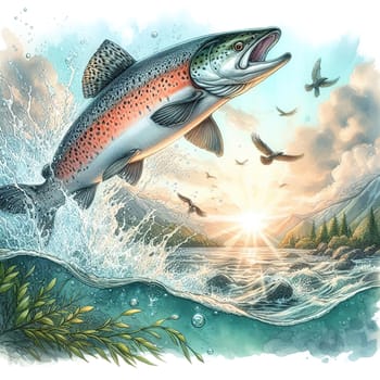 Salmon jumps out of the water along the way. Generative AI. High quality illustration