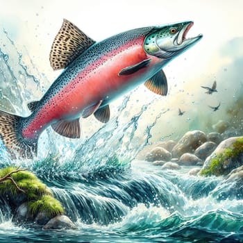 Salmon jumps out of the water along the way. Generative AI. High quality illustration