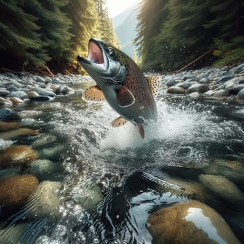 Salmon jumps out of the water along the way. Generative AI. High quality illustration