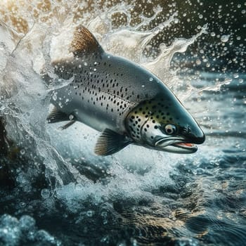 Salmon jumps out of the water along the way. Generative AI. High quality illustration