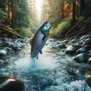 Salmon jumps out of the water along the way. Generative AI. High quality illustration