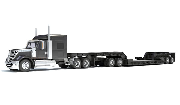 Semi Truck with Lowboy Platform Trailer 3D rendering model on white background