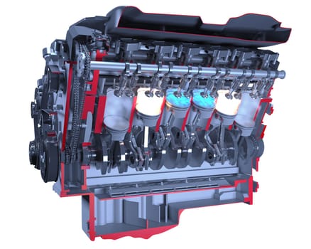 Cutaway V12 Engine pistons and crankshaft Ignition on black background 3D rendering model