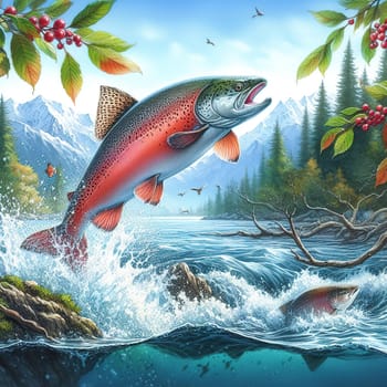 Salmon jumps out of the water along the way. Generative AI. High quality illustration