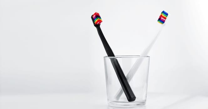 Stylish dental abacus in a glass cup. Black and White toothbrushs with multicolored bristles on white background. Bristles in all colors of the rainbow. Rainbow toothbrush Fashionable oral care.