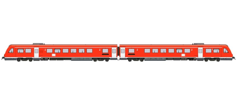 Red passenger train 3D rendering model on white background