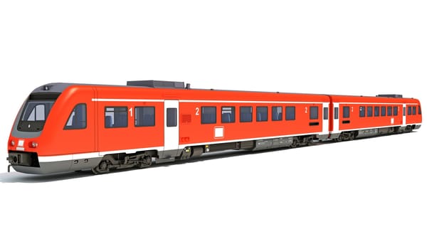 Red passenger train 3D rendering model on white background