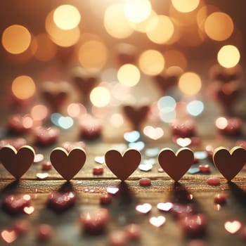 Wooden hearts lined up in a row. bokeh. High quality illustration