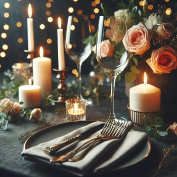 Beautifully set table for a romantic dinner. High quality illustration