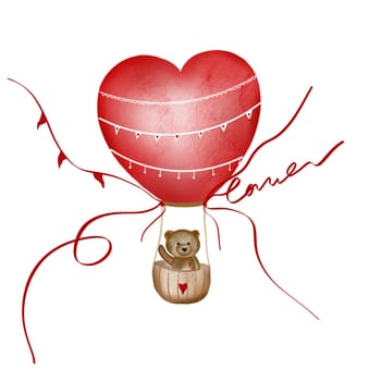 Watercolor drawing of a cute bear in a heart-shaped air balloon. Nice isolate on a white background for printing on valentine's day cards and invitations. Valentine's card. High quality illustration
