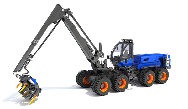Forestry Wheeled Harvester forest machinery 3D rendering model on white background