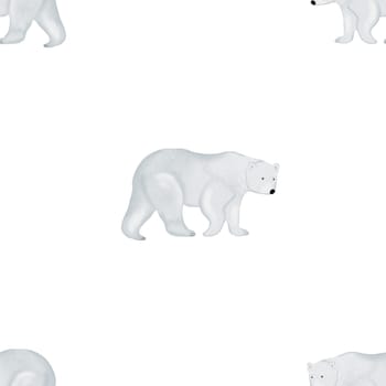 Watercolor seamless pattern white big bear. Hand drawn watercolor illustration of a mammal on an isolated background. Drawing of a big arctic bear for children's textiles and cozy pajamas. High quality illustration