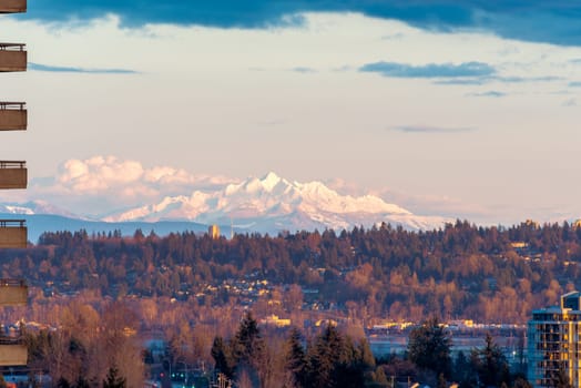 Mountain Baker view in sunset light from urban area of Vancouver, British Columbia.