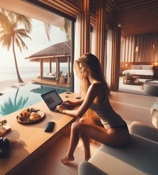 young boss manager trader woman remote work laptop luxury bedroom suite early morning panorama ai generative art