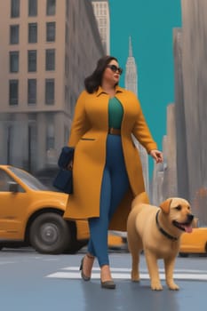 curvy elegant empowered business woman walking with dog in downtown illustration genrative ai art