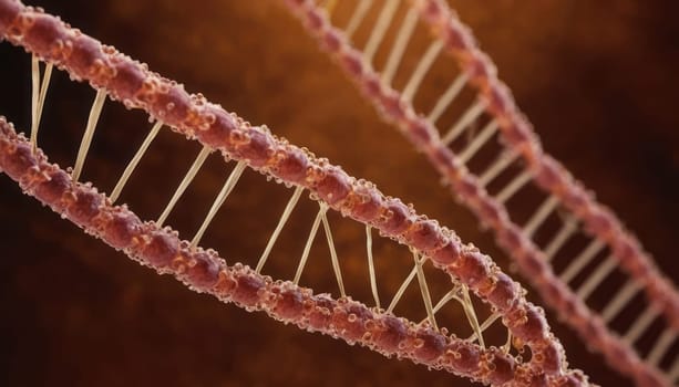 A detailed closeup of DNA strands showcasing the complex molecular connections in warm pink and brown hues against a dark blurred backdrop