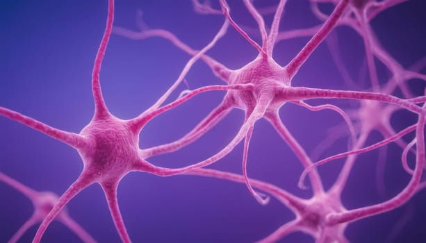 The image captures a close-up view of complex neuron cells, fundamental units of the brain and nervous system, highlighted against a gradient purple background