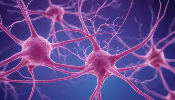 The image vividly illustrates pink neurons with long, thin extensions branching out, set against a deep blue background, signifying the complexity of communication within these cells