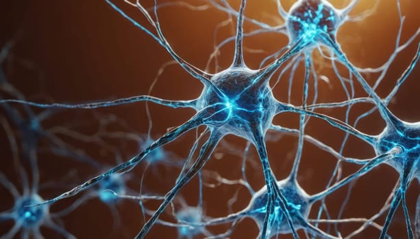 The image displays blue neurons, glowing against a dark brownish background, emphasizing the intricate details of their dendrites and axons, indicative of brain functions