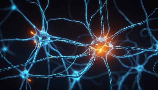 The image captures the energetic and dynamic nature of neurons, brightly illuminated in blue and orange hues, against a dark background, signifying rapid signal transmission