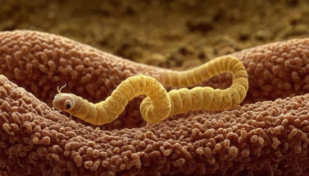 The image captures a worm-like creature, possibly a nematode, amidst intricate cellular structures, highlighted by a warm orange glow and cool blue tones