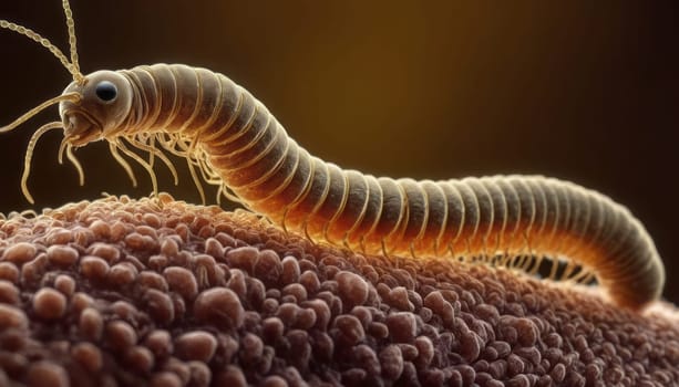 A millipede traverses an uneven surface, its segmented body and numerous legs highlighted against a warm, blurred background