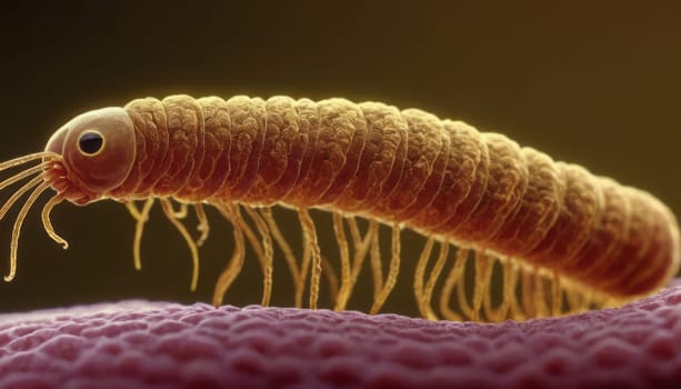 A golden brown millipede-like creature is showcased in detail, crawling on a purple-pink patterned surface