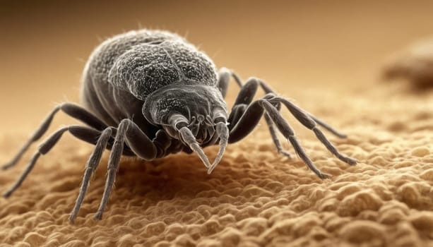 A detailed view of a dust mite, highlighting its intricate body and slender legs on an organic surface