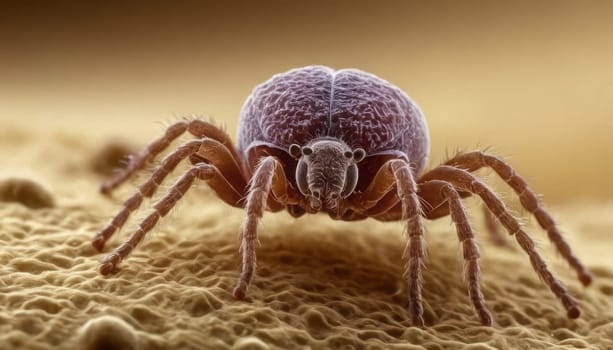 An extreme close-up reveals the detailed, scale-like patterns and fine hairs of a mite against an earthy, textured backdrop